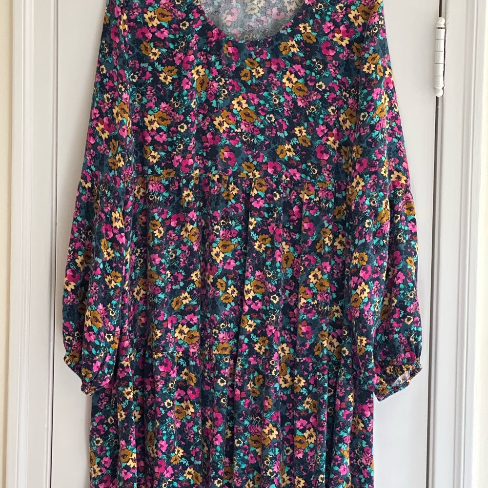 Time and Tru Tiered Floral Dress - Blue with Bold Pink Floral